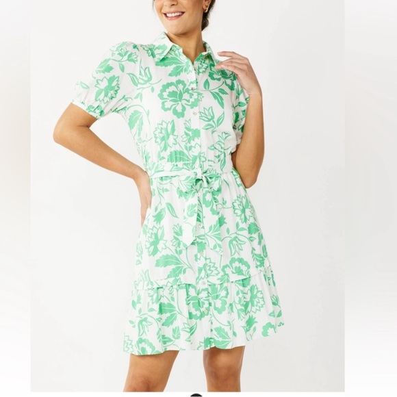 Draper James Dresses & Skirts - Draper James Green Floral Puff Sleeve Dress‎ Women’s Large Rayon Linen Blend